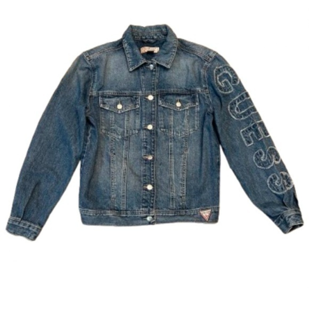 Guess Blue  Denim Jean Jacket with Logo Embroidered on Sleeve